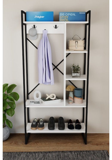 Aria Vestiyer Dekoratif Askılık Portmanto Çok Amaçlı Raf Beyaz