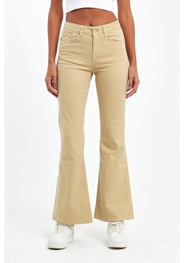 Explode - Kadın Bej Likralı 5 Cep Flare Pantolon-bej Bej