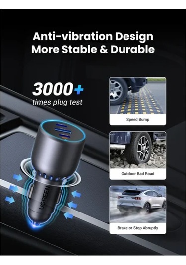 Ugreen 75w 3 Portlu Araç İçi Şarj Cihazı Çakmaklık Adaptörü, 35024