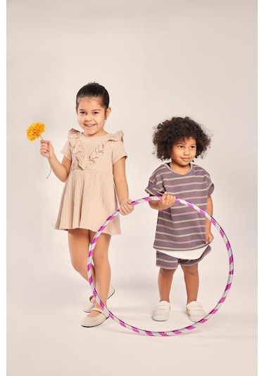 Luess Kız Çocuk %100 Pamuklu Fırfırlı V Yaka Elbise-bej Bej