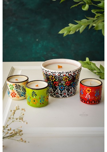 Etnik Çini Desenli Soya Wax Ahşap Fitilli Kokulu Dekoratif Mum Ta