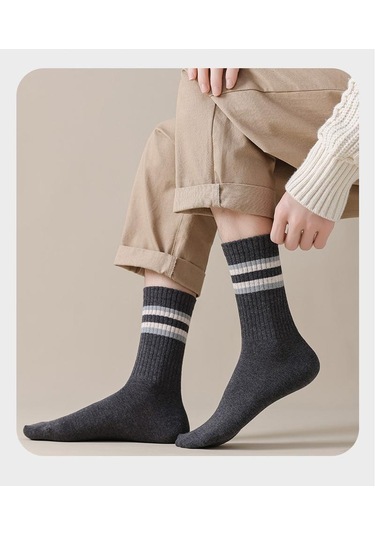 12 Çift Paket - Erkekler İçin Sonbahar/kış Orta Baldır Çizgili Pamuklu Çoraplar, Tek Beden Gri