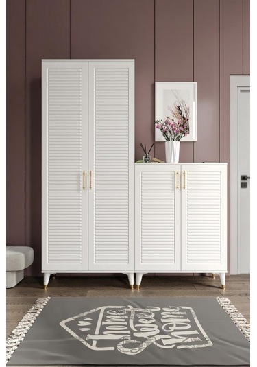 Panjurlu Metal Kulp Ask4190 Ayakkabılık Portmanto Vestiyer Beyaz Gold Beyaz - Gold