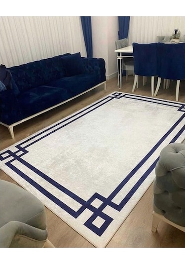 Vogue Kaymaz Taban Halı Kilim Yolluk Dijital Baskı Beyaz Lacivert Beyaz - Lacivert