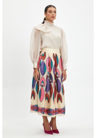 Kadın Desenli Midi Boy Etek - Canlı Renkli İşlemelerle Özel Gün Ve Günlük Kombinler İçin Şık Tasarım Bej