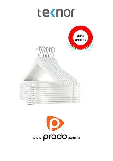 Teknor-prado 48 Adet Ahşap Görünümlü Plastik A Kalite Beyaz Stil Elbise Askısı Beyaz