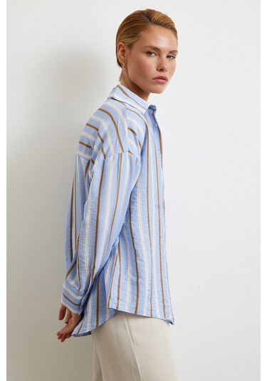 Kahve Çizgili Gömlek Mavi Mavi