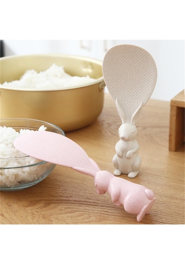 Bej 1 Adet Buğday Samanı Tavşan Kaşığı Stand Up Tavşan Pirinç Kürek Pirinç Ocak Pirinç Kaşığı Yaratıcı Yapışmaz Pirinç Karikatür Pirinç Kaşığı