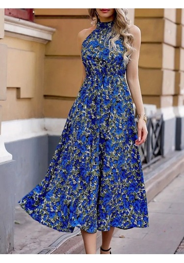 Kadın Omuzlardan Açık Daire Yaka Desenli Maxi Süprem Elbise Mavi