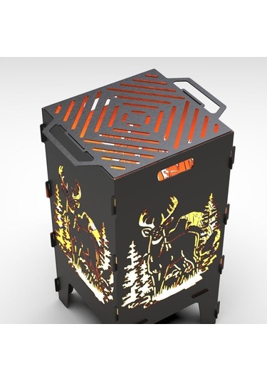 Portatif Ateş Çukuru Ve Mangal Herbir Tarafı Geyik Desenli Izgara