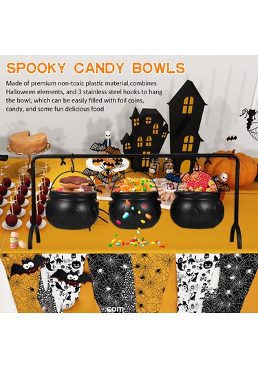 Yunboo 3'lü Demir-pp Halloween Saklama Kovaları, 56.5cm Braket Ve Kanca Seti, Siyah Siyah
