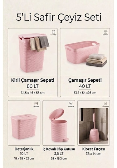 5'li Safir Çamaşır Sepeti Seti Örgü Desenli Pembe