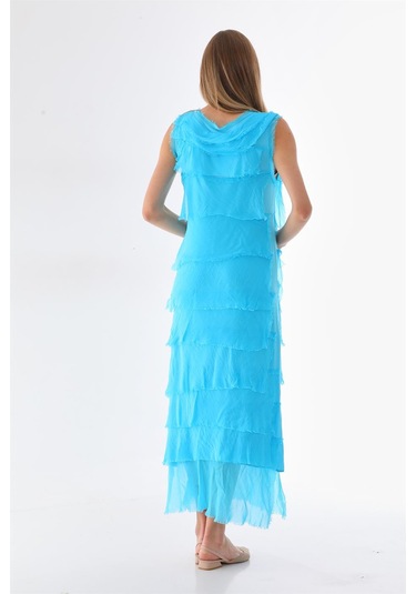 Italyan 2 Beden İnce Gösteren Kat Kat Kolsuz Ipek Elbise Turkuaz