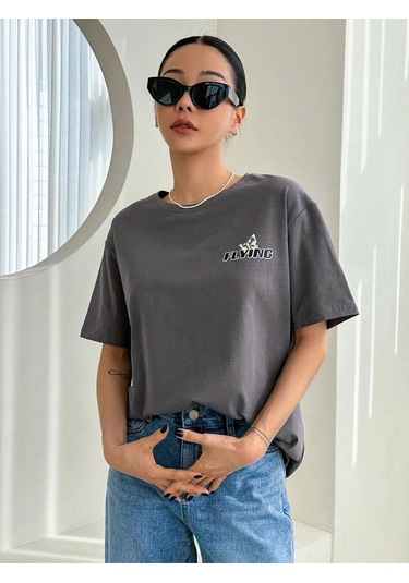 Füme Oversize Butterflies T-shirt - Oversize Baskılı Gri
