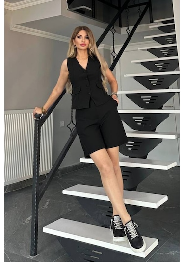 Kadın Yelekli Şortlu Takım Atlas Krep Esnek Kumaş Yazlık Yelekli Takım Siyah Siyah