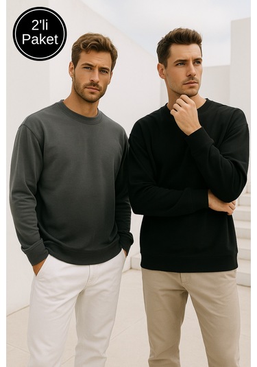Rich Erkek 2'li Paket Siyah - Antrasit Bisiklet Yaka Scuba Basic Sweatshirt Siyah