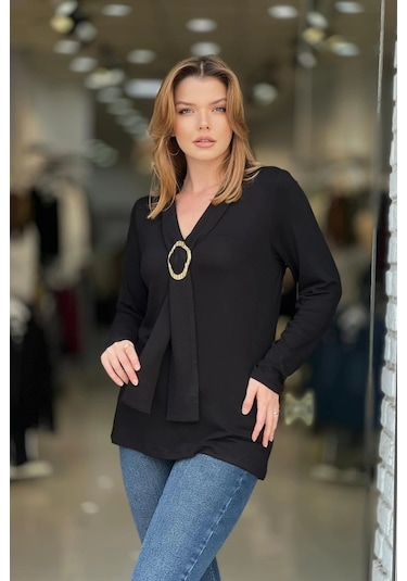 Kravatlı Tokalı Bluz Siyah