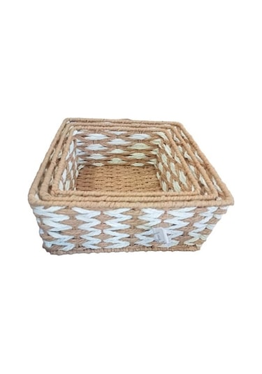 Kare Örgü Desenli Doğal Hasır Sepet Seti - 3'lü