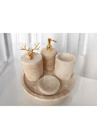 Sarı Traverten Klasik Model 5 Parça Gold Renk Geyik Aksesuarlı Banyo Seti Sarı Traverten