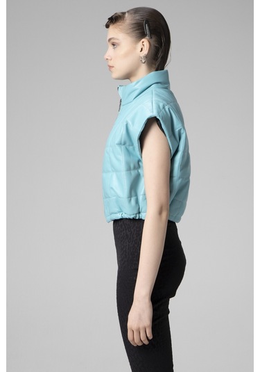 Turkuaz Dericlub Wm054 Gerçek Deri Kadın Şişme Yelek Turkuaz