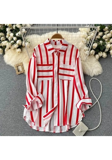 Novahub Yaz Yeni Orta Uzunlukta Dikey Çizgili Çok Renkli Gömlek Ceket Kadın Kore Tarzı Rahat Gevşek Üstler Kırmızı - S Kırmızı