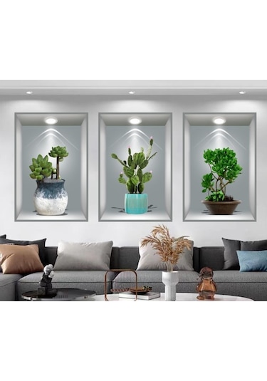 3d Çiçek Vazo Duvar Sticker 3 Lü Set Gri Fon 5060 Çok Renkli