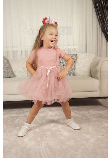 Tüllü Baskısız Düz Üst Kısım Ribana Alt Kısım Astarlı Tütü Etek Kız Çocuk Prenses Kısa Kollu Elbise Gülkurusu