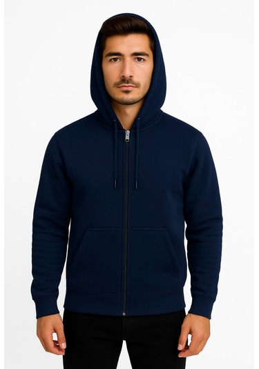 Axxel Erkek Lacivert Fermuarlı Kapüşonlu Sweatshirt-w590 Lacivert 3 İplik Şardonlu