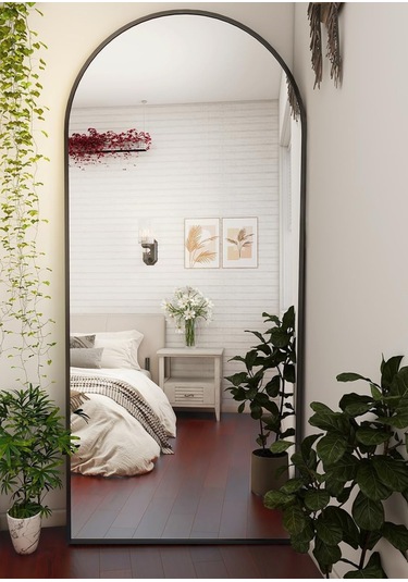 Zer 180x66 Kemerli Zemin Aynası,tam Boy Aynalı Duvar Aynası, Yatak Odası, Giyinme Odası İçin Standlı Siyah