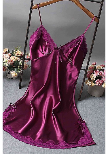 Merry See Dantelli Kısa Saten Gecelik Mor 001