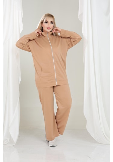 Kadın Büyük Beden Fermuarlı Uzun Kollu Rahat Günlük Eşofman Takım Camel