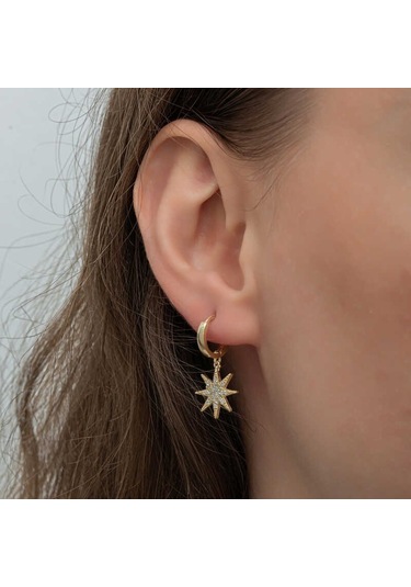 Aya Diamond Gümüş Gold Sallantılı Kutup Yıldızı Kadın Küpe Gold