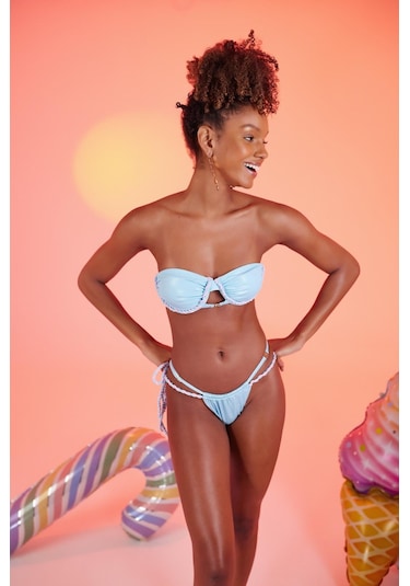 Holly Lolly Özel Yapım Parlak Kumaşlı Premium Mia Bikini Üstü Mavi