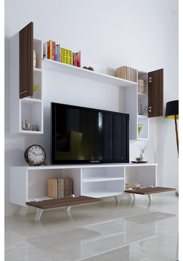 Moonlife Istanbul Dolaplı Kapaklı Tv Ünitesi Beyaz Ceviz