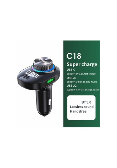 C18 Araç Ses Alıcısı 3.1a Hızlı Şarj Usb Cihazı Bt 5.0 Renkli Led Arka Işık Fm Verici