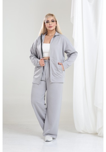 Kadın Büyük Beden Fermuarlı Uzun Kollu Rahat Günlük Eşofman Takım Gri