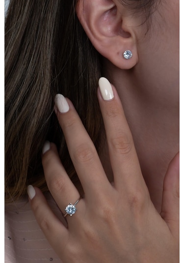 Tek Taş Gümüş Kolye Küpe Ve Yüzük Seti Ags02