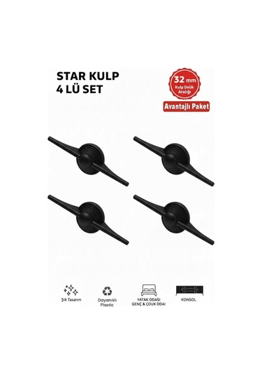 Lüks Star Kulp Siyah 32mm 4 Adet Mobilya,yatak Odası, Tv Ünitesi,çocuk Ve Genç Odası, Dolap Kulpu Siyah