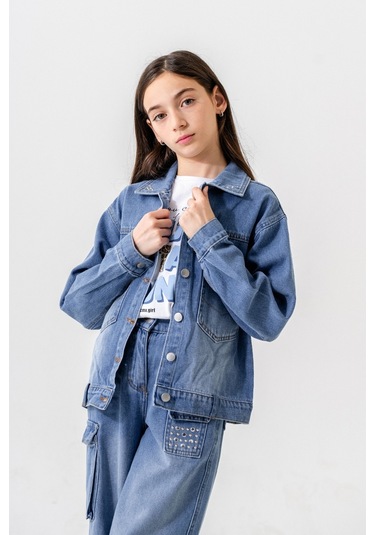 Kız Çocuk Yaka Taşlı Kot Ceket 1548 Mavi