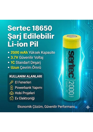 Sertec 18650 Şarjlı Pil 2000mah Fener Pili 3.7v Li-ion Başlıksız Düz