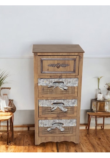 Ahşap 4 Çekmeceli Hasır Görünümlü Sebzelik Atlantik Çam