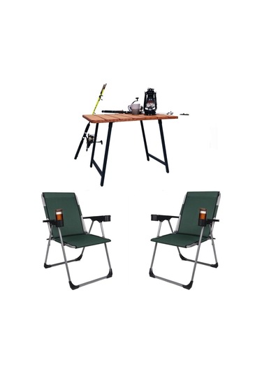 Alin Metal 2''li Lüks Bardaklı Kamp Sandalyesi Ve Masa Set Yeşil Yeşil