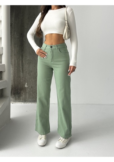 Kadın Yüksek Bel Keten Boyfriend Bol Paça Yeşil