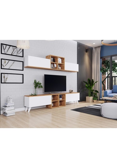 Eyfel 4 Kapaklı Tv Ünitesi, Tv Sehpası Atlantik Çam - Beyaz Beyaz