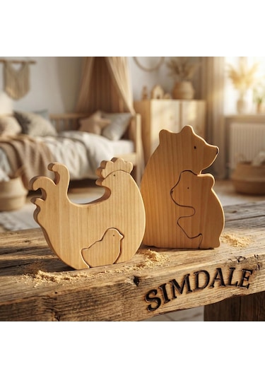 Simdale Wood İsimli Ahşap Tavuk Ve Civciv Puzzle - Eğitici Figür
