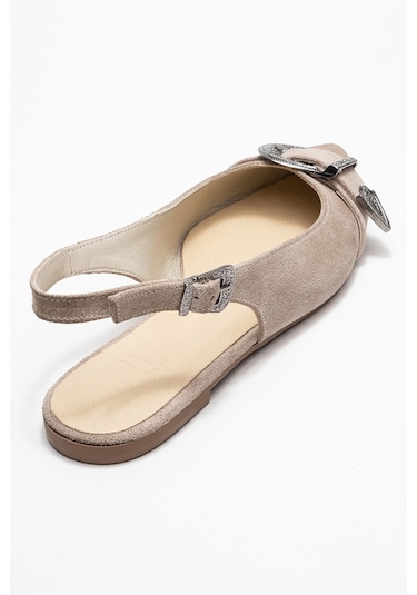 Dorothy Bej Süet Hakiki Deri Tokalı Sivri Burunlu Kadın Sandalet Süet Bej