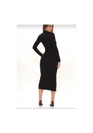Kozia Outdoors Kadın Siyah Yırtmaçlı Dik Yaka Kaskorse Kalem Elbise Siyah