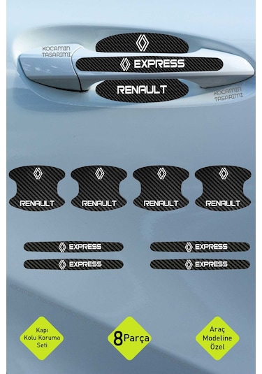 Karbon Kaplama Renault Express Kapı Kolu Koruma Seti 8 Parça, Şık Beyaz Yazılı Folyo