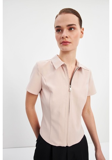 Stella Pulvis Pudra Fermuarlı Slim Fit Kuplu Bluz Pudra