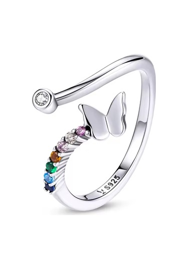 Fubena Ayarlanabilir Renkli Taşlı Kelebekli Gümüş Yüzük Gümüş